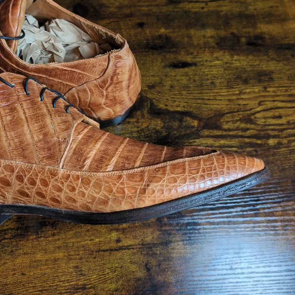 DU Mauri Cognac Alligator Skin Textured Leather Made in Italy Shoes Topy Sole